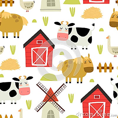 Seamless pattern with cartoon cow, goose, horse, barn, mill, decor elements. Farm. Flat colorful vector for kids. Vector Illustration